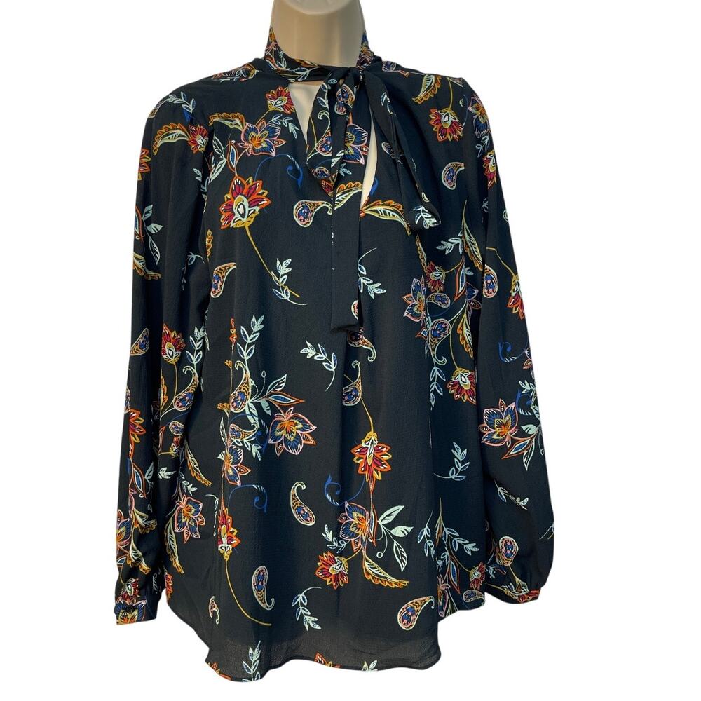Q&A Navy Blue Retro Floral Print, V Neck,‎ Volume Sleeve Blouse Bow Tie Neck L